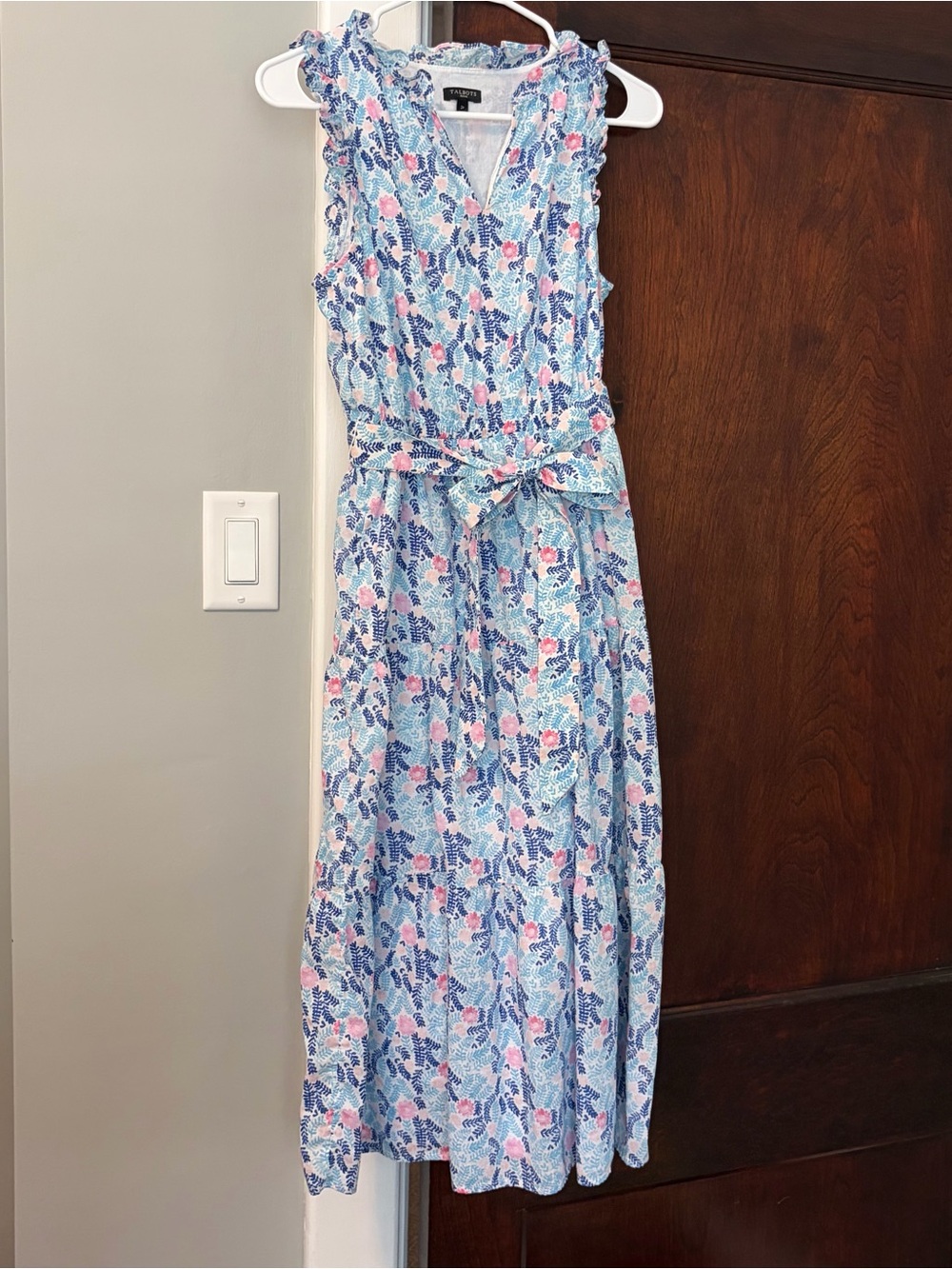 Talbots Sleeveless Dress 2P Cotton Floral Lined Midi White Blue Pink Sundress